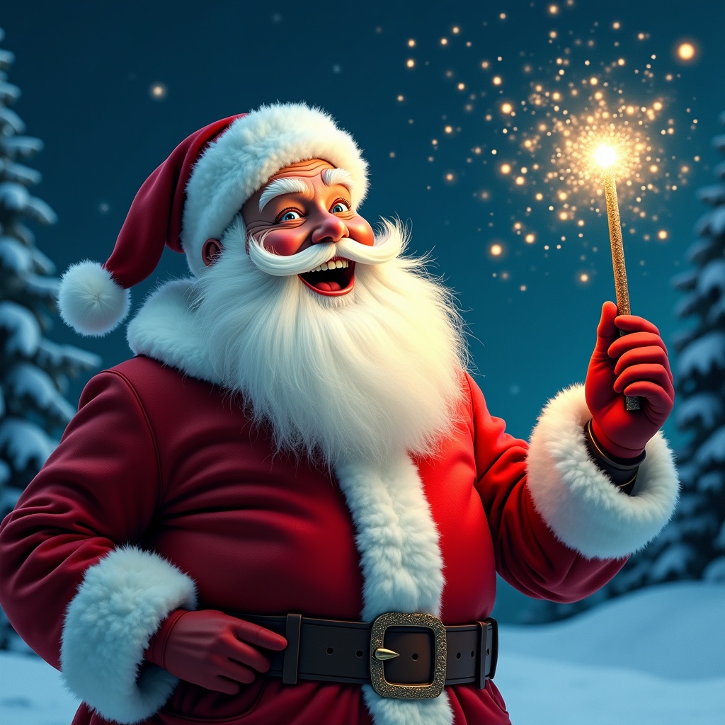 Jolly Santa Claus with a magical wand in a snowy landscape. Wearing a red suit with white fur. Santa writes names in the night sky. Background features evergreen trees and stars. Festive and magical atmosphere for the holiday season.