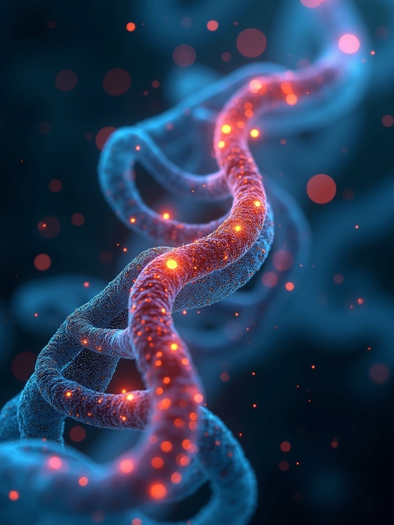 Create an image showing the Nrf2 pathway as a glowing double helix structure with blue and red lights. Focus on the intricate details of the molecular components. Use a dark background to enhance visibility.