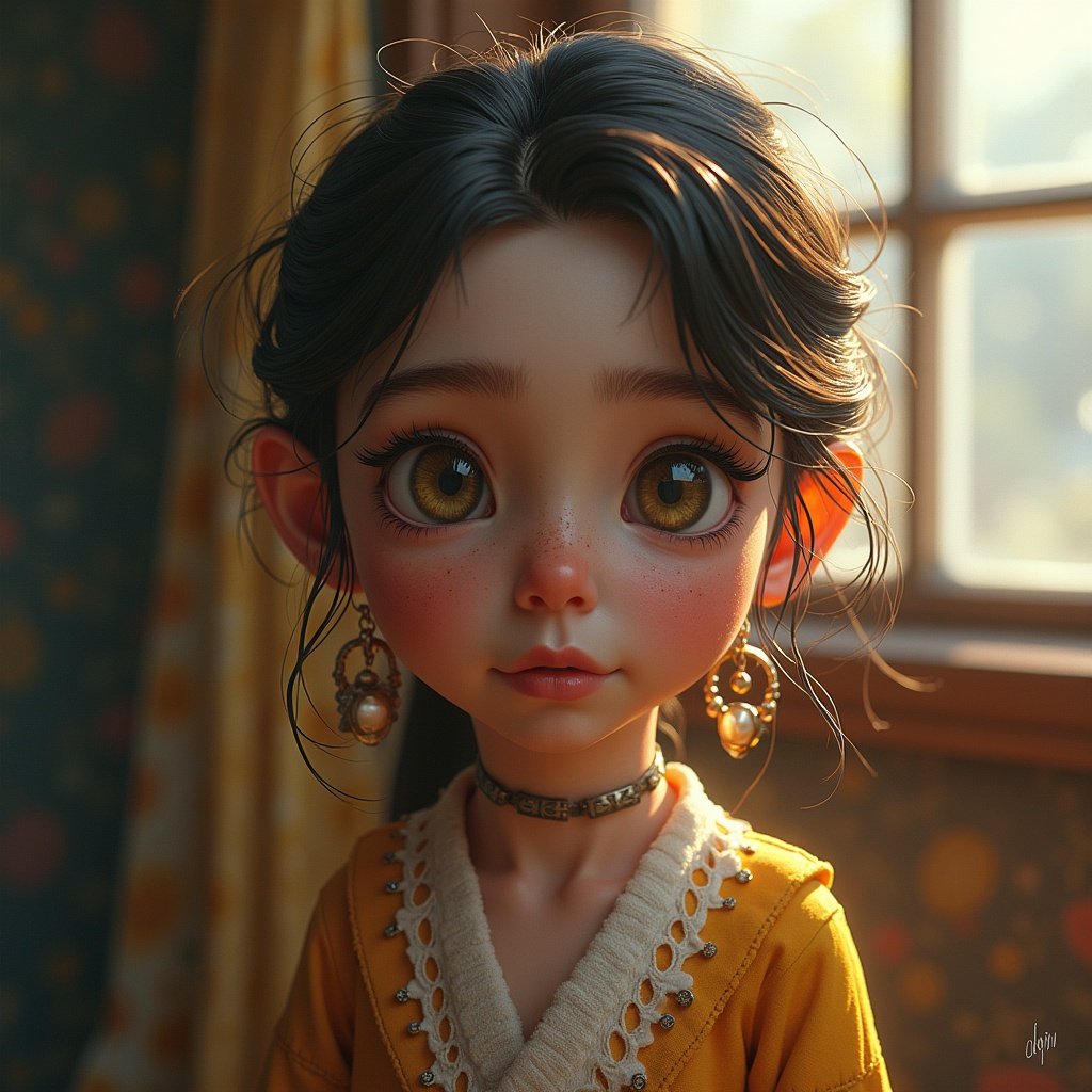 A girl with one eye closed, wearing a delightful outfit. Warm sunlight creates a cozy ambiance in the room.