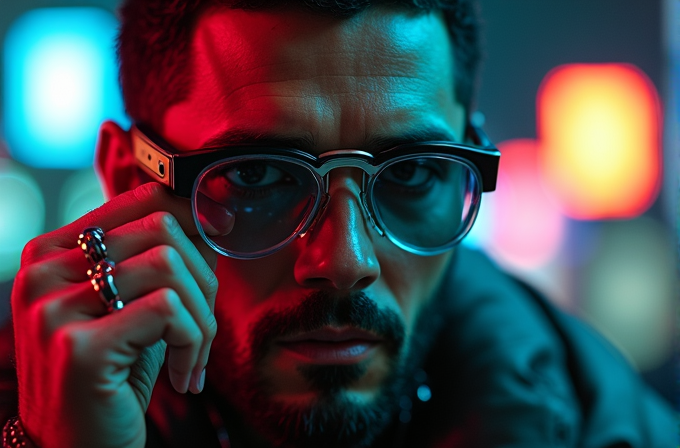 A bearded man in glasses poses in a neon-lit urban setting with a mysterious expression.