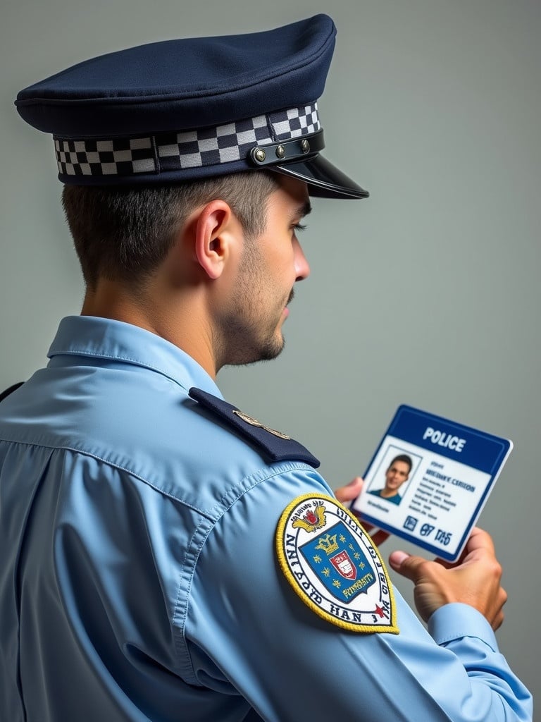 An officer is holding a police identification card. The card displays a clear police logo. Officer is dressed in blue uniform attire. Background is plain to emphasize the ID card. ID card shows necessary identifying information.