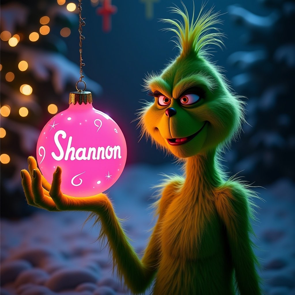 Grinch holds a pink glow in the dark bauble. Bauble features the name Shannon. Background includes a decorated Christmas tree with soft lighting. Image captures holiday spirit.