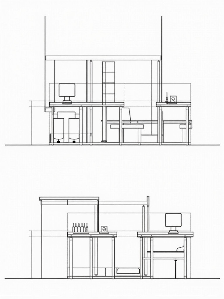 Create a sectional drawing of a workspace 3D model. Use varied line weights to indicate depth. Thicker lines for closer objects. Thinner lines for objects further away. Highlight details of tables and cylindrical sections with precise line work. Clearly define walls and structural elements with hatch patterns. Maintain separation between different planes for enhanced depth and spatial arrangement.