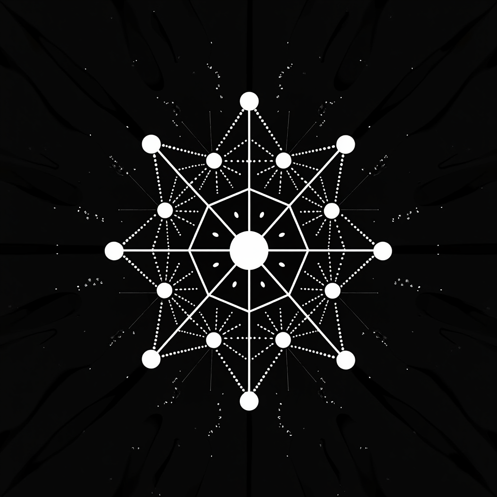 A complex geometric pattern of interconnected white dots on a black background, resembling a cosmic mandala.