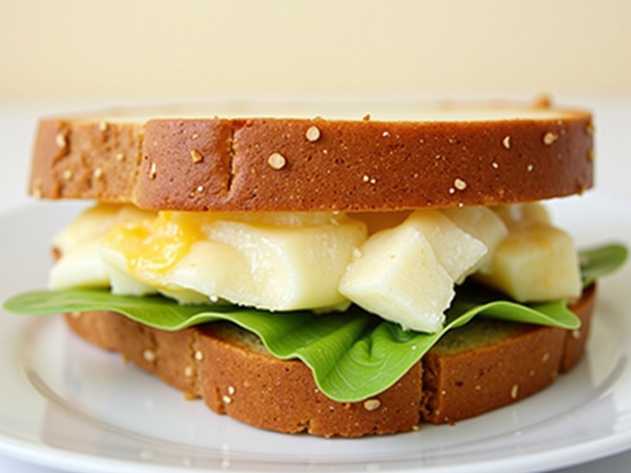 This image depicts a delicious feta and cheese toast sandwich. It features two slices of sesame seed bread filled with fresh greens and pieces of cheese. The sandwich is presented on a white plate against a light background, making it visually appealing. The vibrant colors of the ingredients stand out, inviting viewers to enjoy a healthy meal. This appetizing creation could serve as a perfect lunch or snack option.