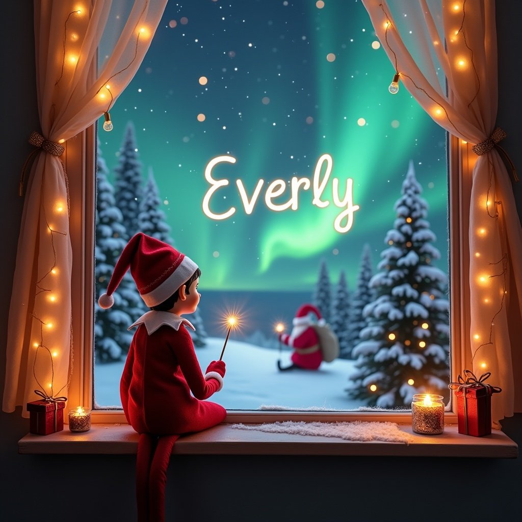 This image depicts a cozy Christmas scene with an elf on the shelf. The elf is sitting with her back to the viewer, dressed in a traditional red suit and hat. Outside the window, there is a magical winter landscape with sparkling northern lights and Santa Claus. The room is warmly lit with string lights and candles, enhancing the festive atmosphere. The elf is holding a wand and writing 'Everly' in the sky, capturing the enchantment of the holiday season. Overall, the scene exudes wonder and Christmas spirit.