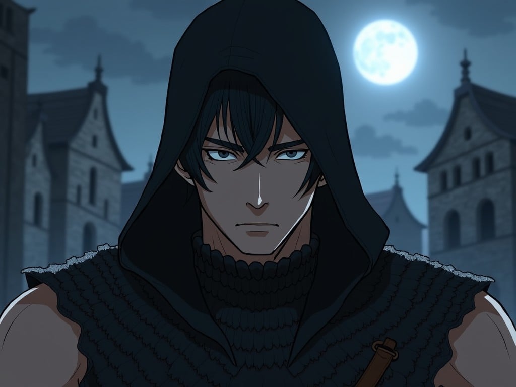 A human assassin stands in a medieval city, illuminated by the full moon. Dressed in sleeveless black scale armor, he has short black hair and steel grey eyes. His expression is serious, showcasing a chiseled jawline with light stubble. The scene captures the essence of a dark fantasy atmosphere, with looming structures in the background. The character's hood casts shadows across his face, adding to his mysterious persona. Overall, the image invokes feelings of intrigue and intensity, typical of an anime action setting.