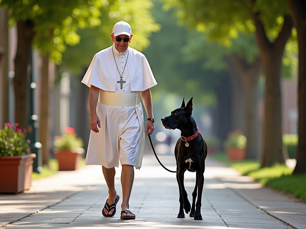 The image captures a man dressed in clerical robes walking casually with a large black dog on a leash. He is wearing a white robe and cap, along with sunglasses and flip-flops, projecting a relaxed yet unconventional clerical appearance. The scene is set in a tree-lined street with a serene ambiance and a focus on leisurely companionship.