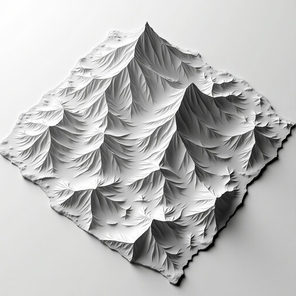 Create a greyscale map that represents terrain with various heights, including distinct plateaus and a deep valley. The map should visually articulate the differences in elevation through shadowing and texture. The overall design should maintain a monochromatic color scheme, focusing on white, grey, and black to highlight the features. The peaks should be prominent, while the valley should contrast with a lower elevation. Ensure that the landscape appears three-dimensional, with realistic contours and slopes.