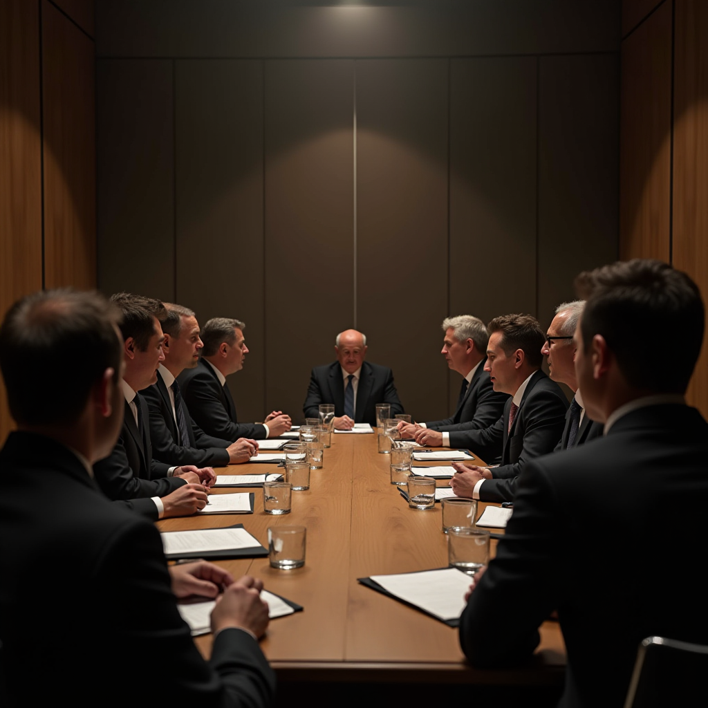 The image depicts a formal business meeting taking place in a modern boardroom. Eight men in business suits are seated around an elegantly designed wooden conference table. Each person appears focused, holding papers or documents, suggesting a serious discussion or presentation. The atmosphere is professional, highlighted by the dim, soft lighting, which creates a subtle, concentrated mood. Water glasses are arranged neatly in front of each participant, enhancing the formal setting. The room features minimalist decor, with wooden panel walls adding to the distinguished environment.