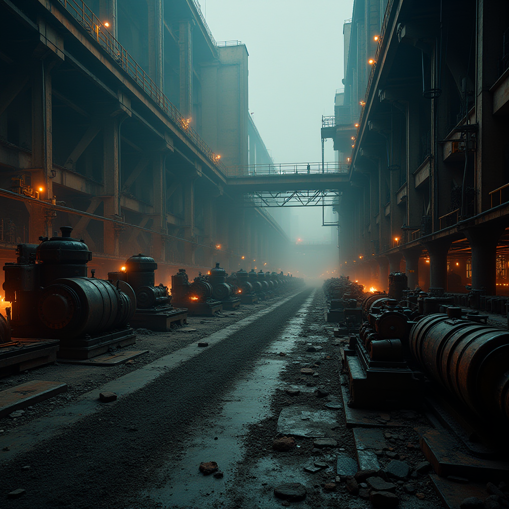 An atmospheric industrial interior with heavy machinery and a foggy ambiance.