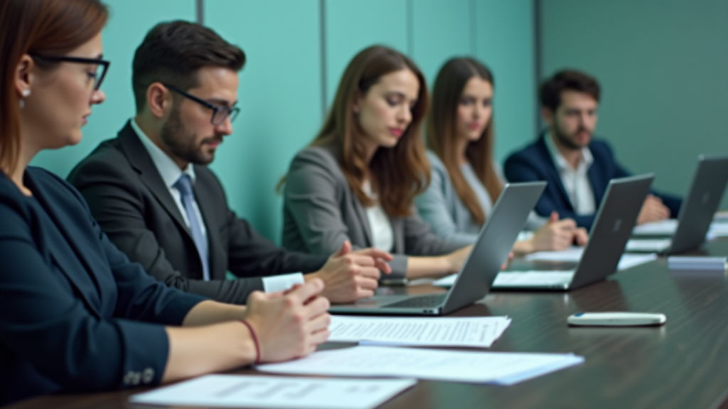 A group of people in business attire are seated at a long table, focused on documents and laptops.