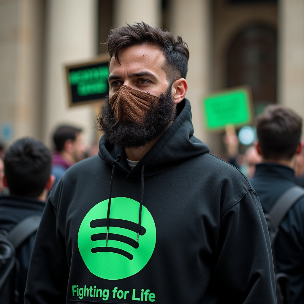 A man in a protest wearing a mask and a hoodie with a bright green symbol and text 'Fighting for Life', amidst a group with signs.