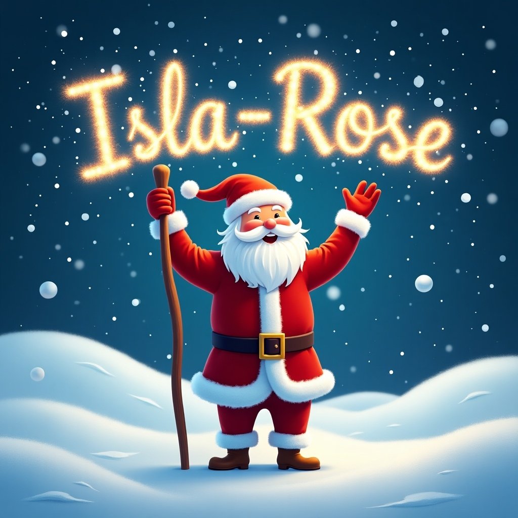 In a snowy landscape, Santa Claus stands joyfully, holding a staff. His iconic red suit and white beard contrast beautifully against the blue sky. Around him, snowflakes fall gently while a magical glow lights up the snowy ground. In the sky above, sparkles form the name 'Isla-Rose' in a whimsical, enchanting manner, capturing the spirit of Christmas. The scene radiates joy and holiday cheer, inviting viewers into a festive wonderland.