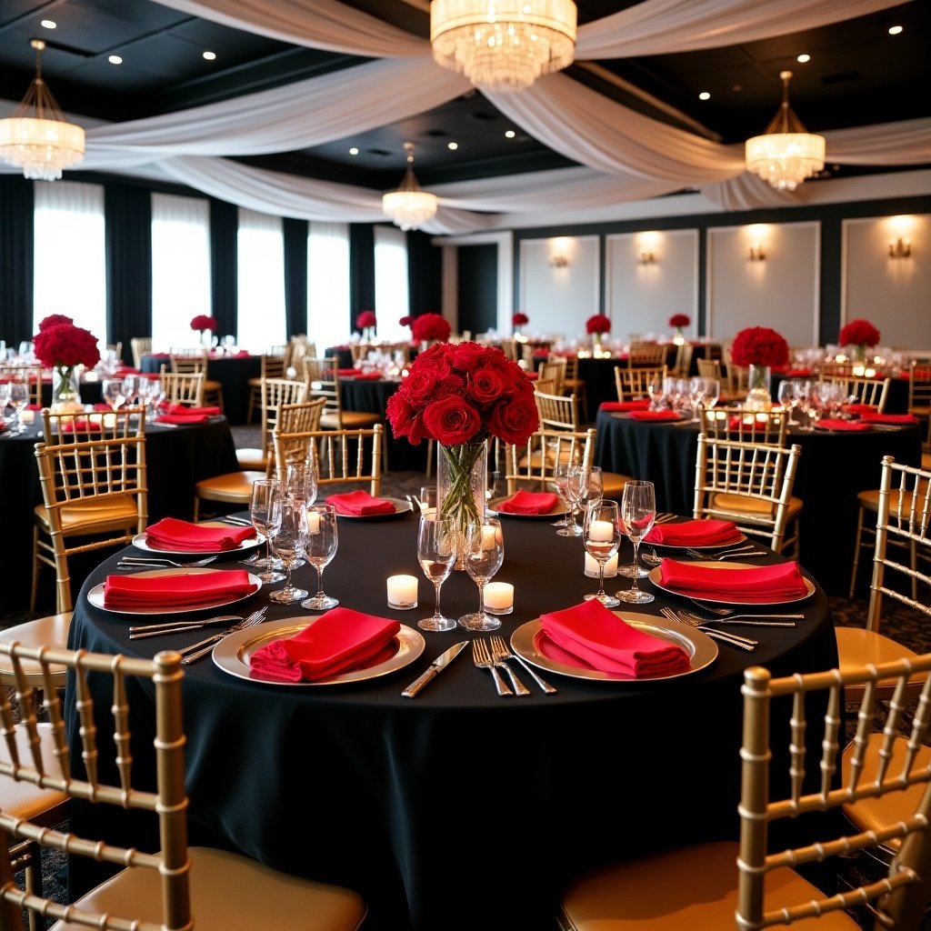 The image depicts an elegant banquet room designed for formal events. The space features 50 round tables adorned with black table linens. Each table is set with gold chiavari chairs, creating a luxurious ambiance. Red napkins and stunning red roses serve as centerpieces, adding a vibrant touch to the overall decor. The room is well-lit with chandeliers, enhancing the sophisticated atmosphere.