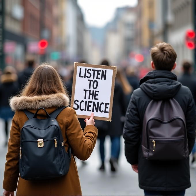 A woman holding a sign that reads 'Listen to the Science' walks through a bustling city street, emphasizing a message about scientific awareness.