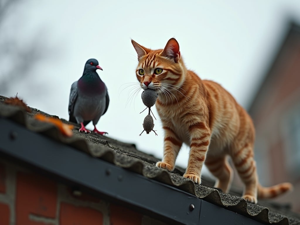 A striking image of an orange tabby cat on a rooftop carrying a small rodent in its mouth. Beside the cat, a curious pigeon perches, observing the scene. The image captures a moment of natural instinct and urban wildlife interaction, set against a blurred background of buildings.