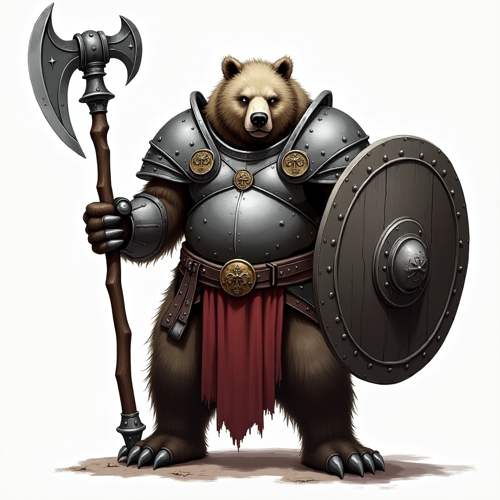 Create a Dungeons and Dragons-inspired character. Imagine a werebear in full plate armor, ready for battle. This character wields a heavy flanged mace and carries a large steel shield adorned with a unique escutcheon. The bear stands bipedally, showcasing its muscular build and silver fur. The attention to detail in the armor gives off a warrior vibe, embodying both strength and mystique. Perfect for use in tabletop gaming or fantasy art.