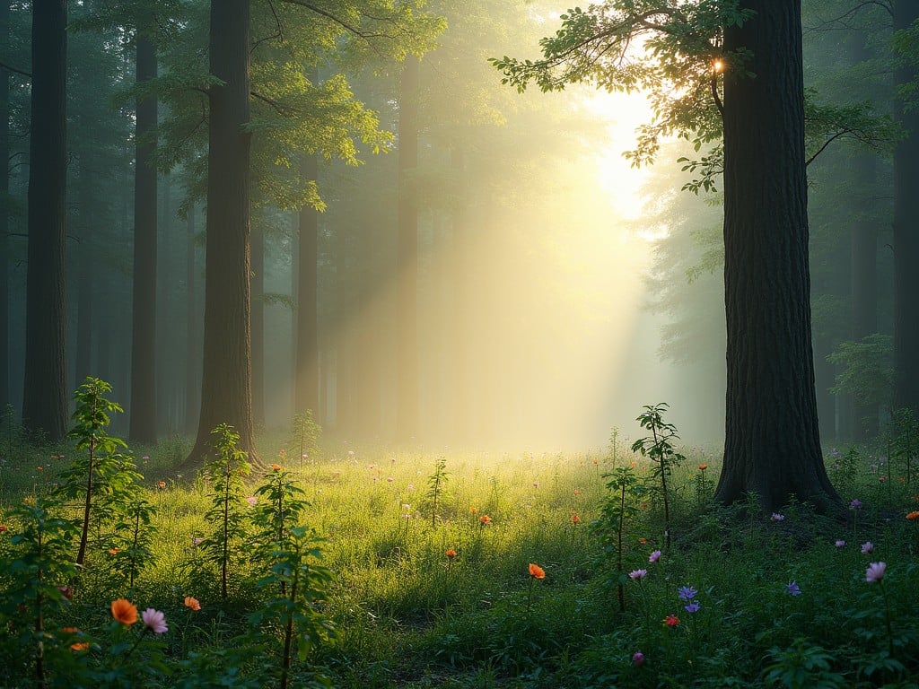 The image captures a serene forest scene bathed in the soft, golden glow of morning sunlight streaming through the tall, lush trees. The light creates a magical ambiance over the flowers scattered across the forest floor, casting gentle shadows and illuminating the mist in the background. The combination of natural elements and the tranquil glow evokes a sense of peace and wonder.