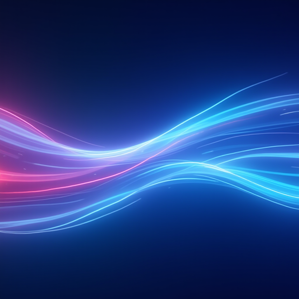 Flowing neon lines of blue and pink colors intertwine against a dark background, creating a sense of dynamic movement and energy.