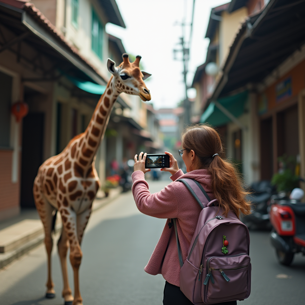 A woman takes a photo of a giraffe casually walking down an urban street.