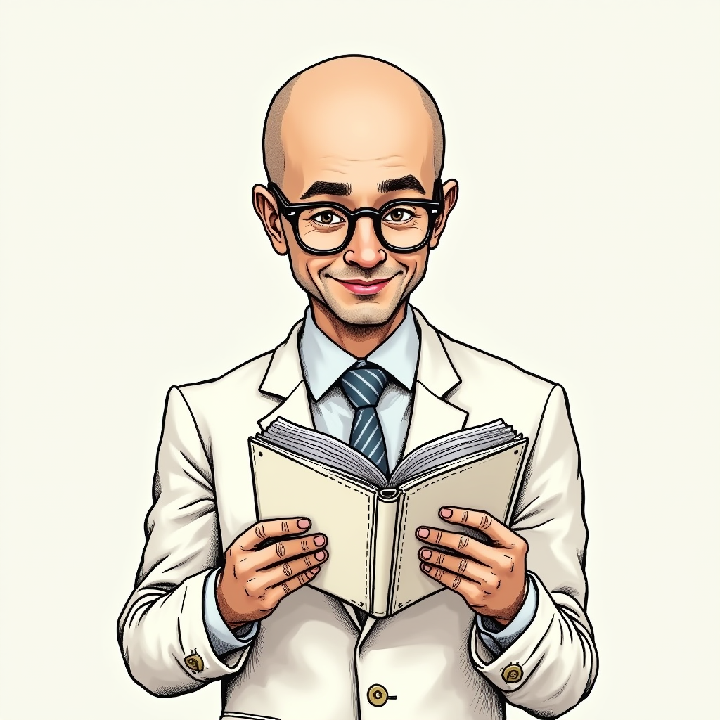 A bald man in glasses and a white suit is holding a book and smiling.