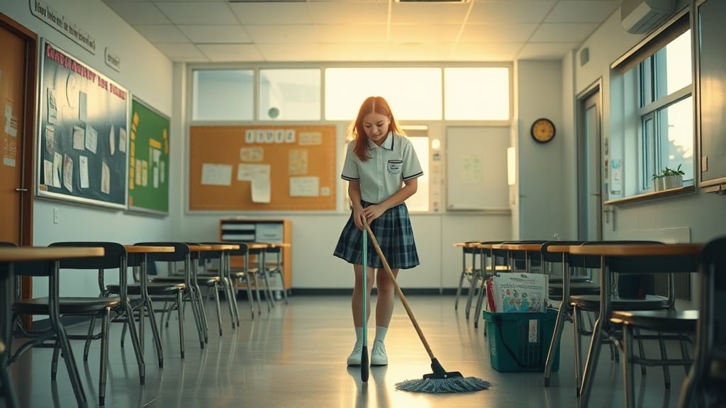 A young student in a school uniform is mopping the floor of an empty classroom, filled with the soft glow of afternoon sunlight. The neatly arranged desks and colorful bulletin boards create an orderly and calm atmosphere, reflecting a moment of peaceful solitude. This serene scene captures the essence of daily life at school when students contribute to maintaining their learning environment.