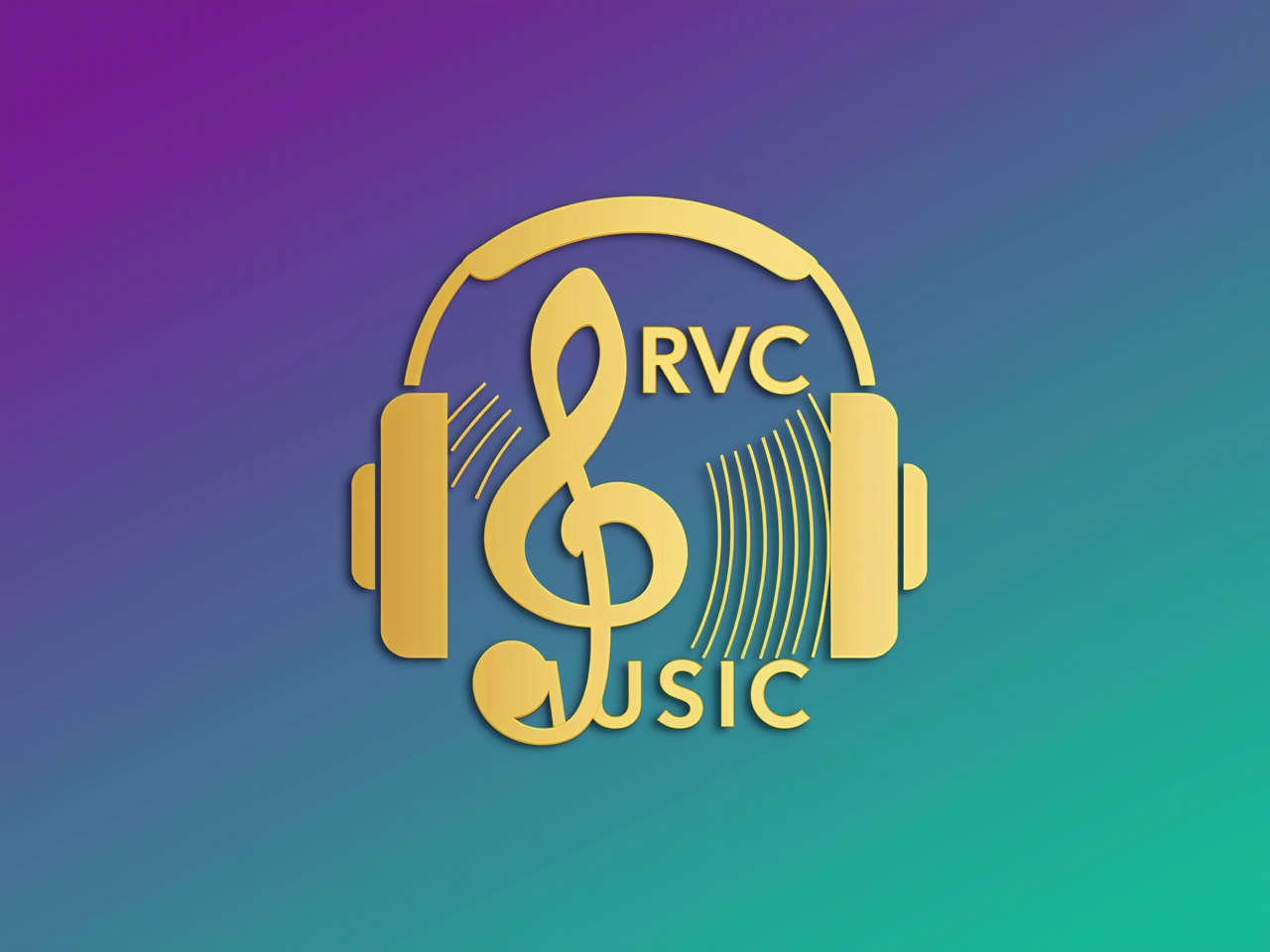 The image features a gold logo that symbolizes music. Central to the design is a treble clef, which represents musicality. The logo includes headphones, indicating a connection to music listening. Below the graphic elements, the text 'RVC MUSIC' is prominently displayed. The background transitions from purple to teal, creating a vibrant gradient that enhances the design's appeal. This logo can be used for branding purposes in the music industry.