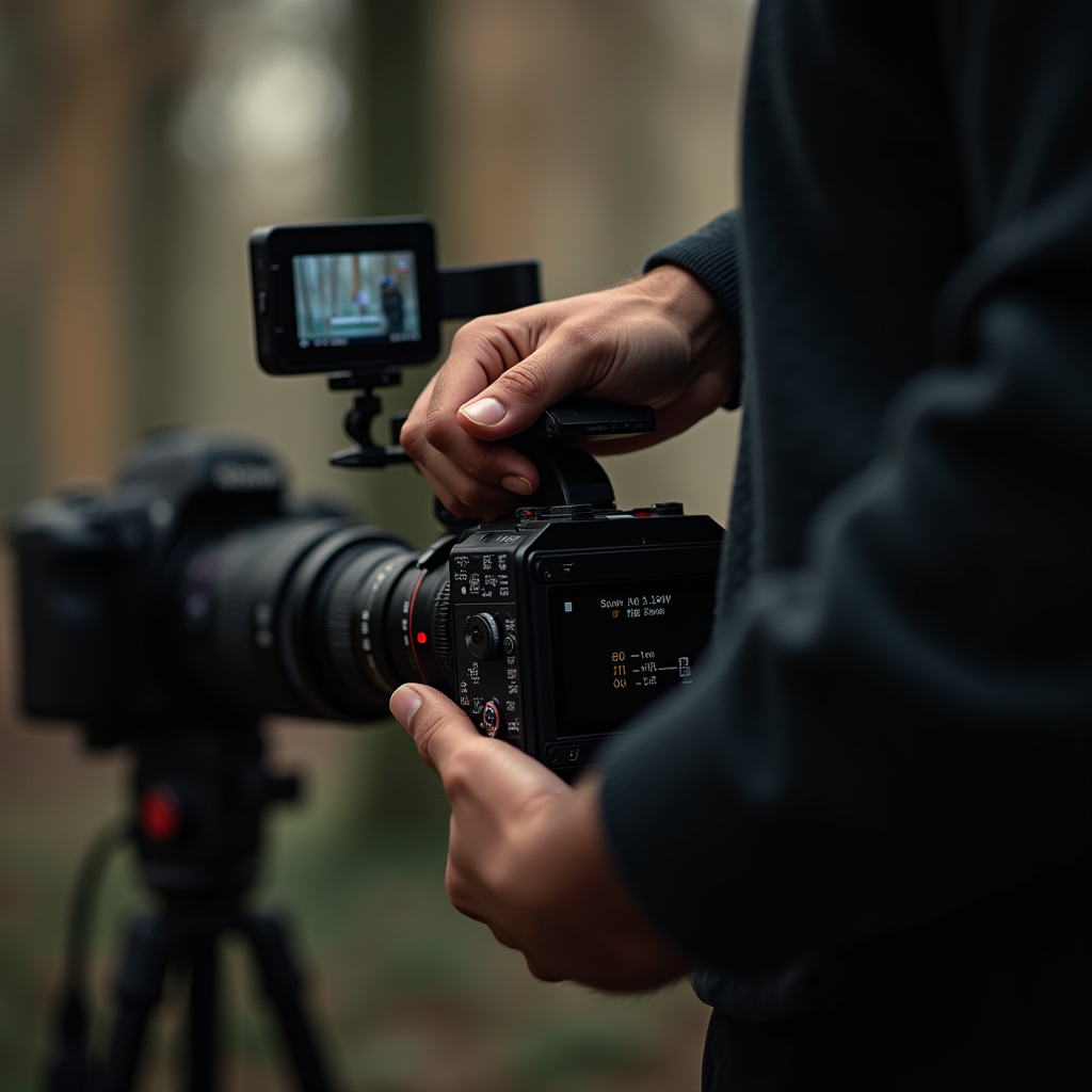 A person is adjusting a camera on a tripod in a natural setting.