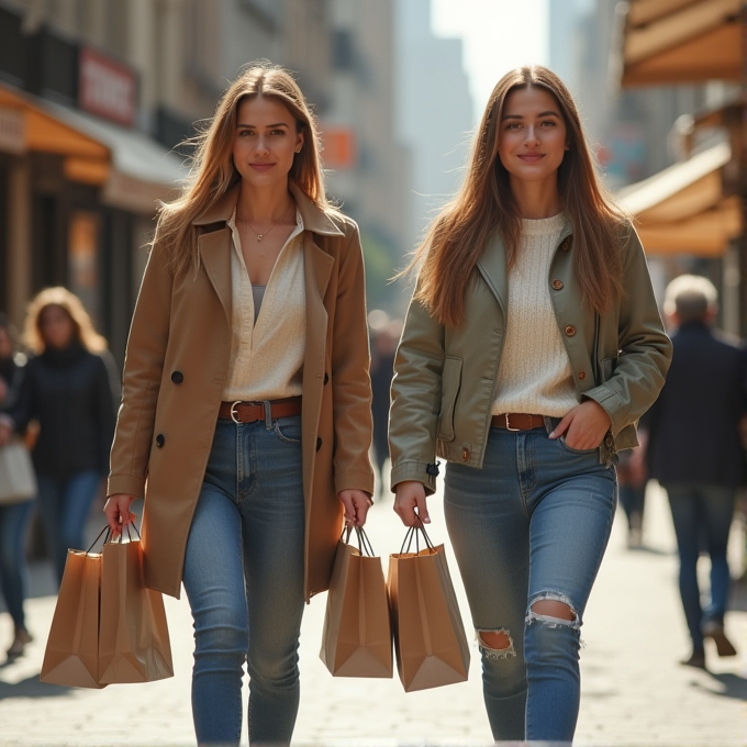 Two fashionable women walk down a sunlit street, carrying shopping bags and wearing stylish coats and jeans.