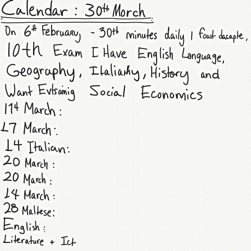 This image is a study calendar detailing important dates and subjects for preparation. It includes exams for Math, English, Geography, History, Italian, Maltese, Physics, and English Literature throughout March. The user aims to dedicate 30 minutes daily for studying, with sessions planned for the afternoon. The focus is on specific subjects, particularly Maltese, Maths, Physics, and English Literature. The calendar starts in December, highlighting the importance of consistent study. This organization helps manage time effectively leading up to exams.