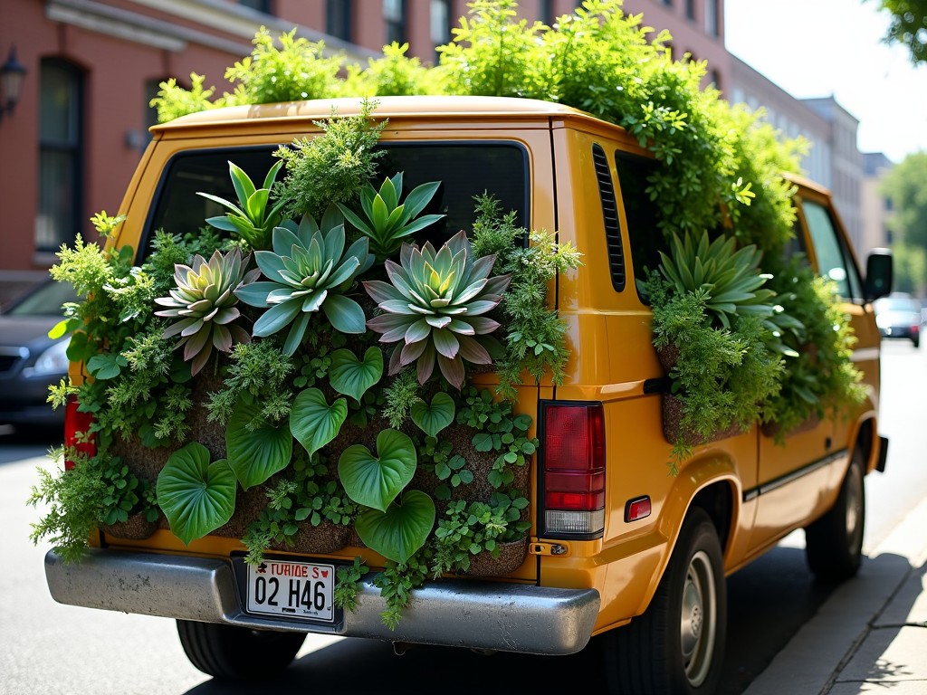 A bright yellow van is creatively covered with an array of lush indoor plants, particularly succulents, which add a unique touch to its design. The back quarter panel of the van is entirely adorned with various green plants, showcasing a style that blends nature with urban transportation. This approach highlights sustainability and eco-friendliness, appealing to anyone interested in gardening or nature-based aesthetics. The scene captures the essence of innovative decoration for vehicles, using indoor plants as a centerpiece for urban style. Overall, it conveys a cheerful and vibrant atmosphere.