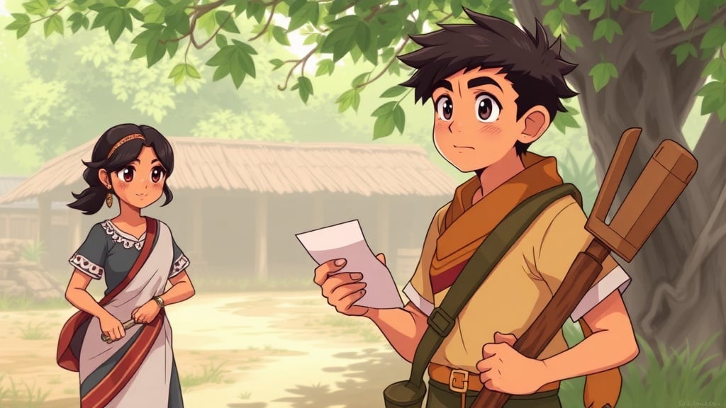 Anime style village scene with a boy holding a letter and a girl in traditional attire, both standing under a tree, with a simple rural backdrop.