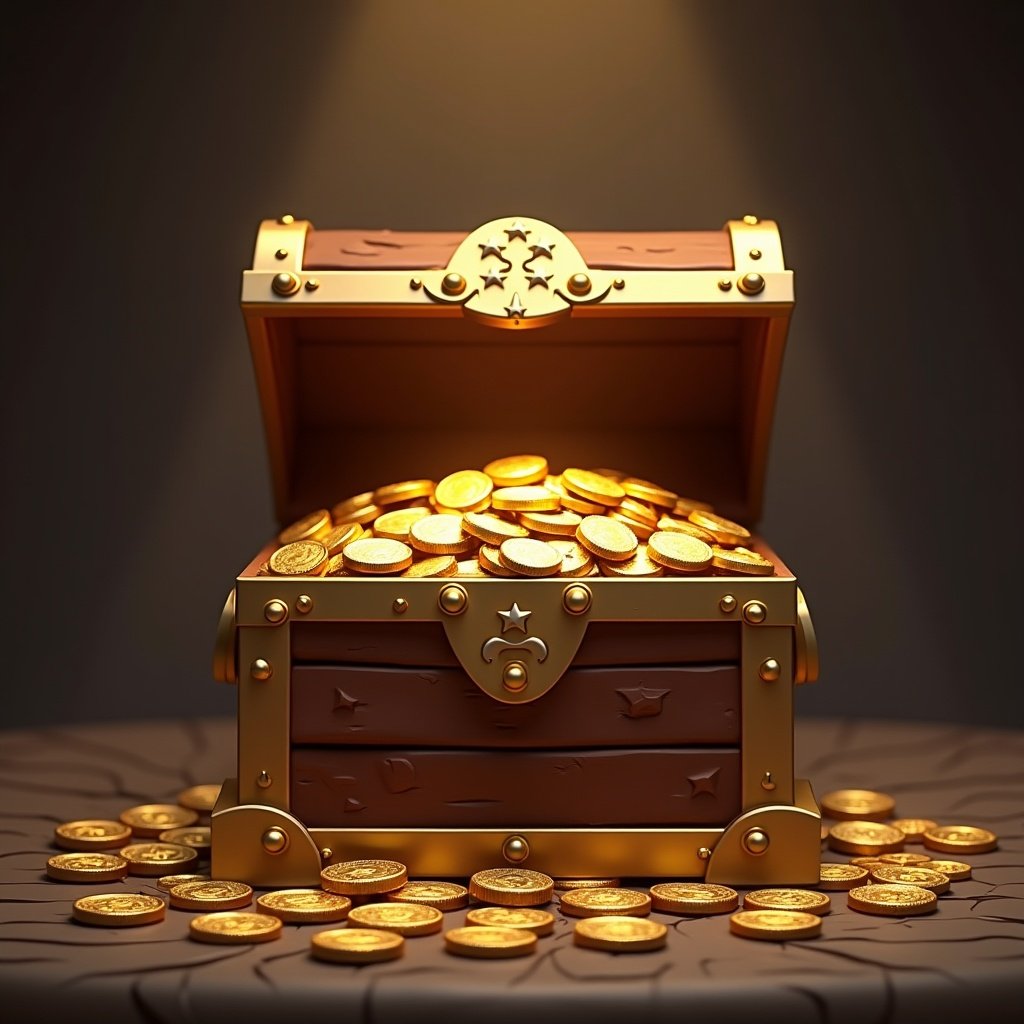 The image depicts a rich kingdom treasure chest that is opened and overflowing with shiny gold coins. The chest is made of dark wood with metallic accents and a star emblem. A warm light shines down on the coins, creating a radiant and inviting atmosphere. The gold coins are piled high and scattered around the chest, adding to the sense of abundance. This realistic HD illustration captures the allure of hidden treasure and wealth in a fantasy setting.