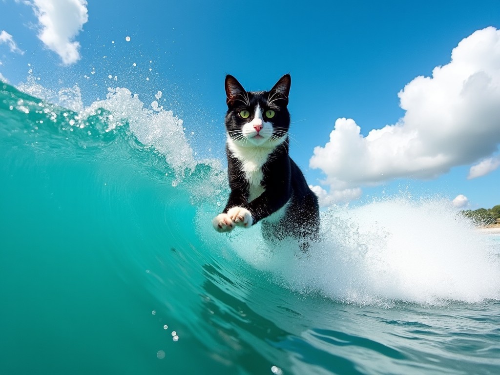 The image features a black and white cat seemingly surfing in the ocean. The cat is captured mid-leap, making a splash with its paws in the water. The background consists of a bright blue sky with scattered clouds. The scene is vibrant and full of energy, showcasing the playful nature of the cat. It creates a whimsical and engaging visual, combining nature and animals in an unexpected way.