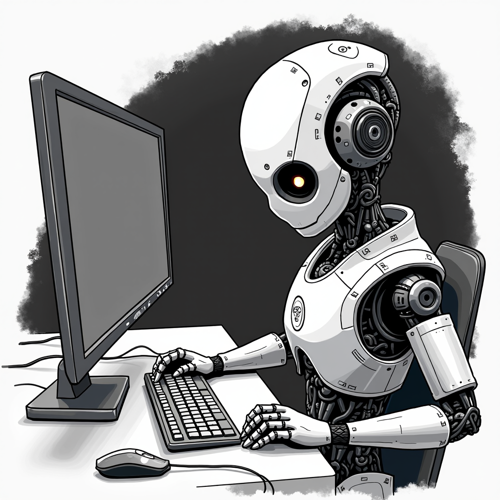 A robot is sitting at a desk and using a computer keyboard.