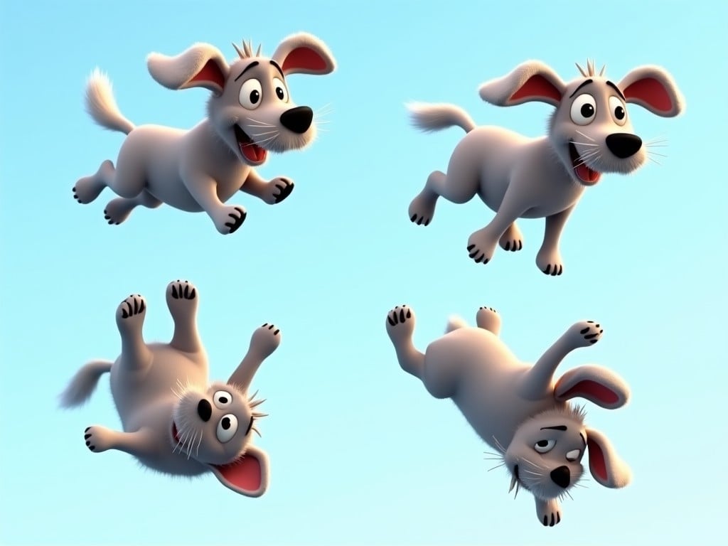 Cartoon puppies jumping in the sky, 3D animation