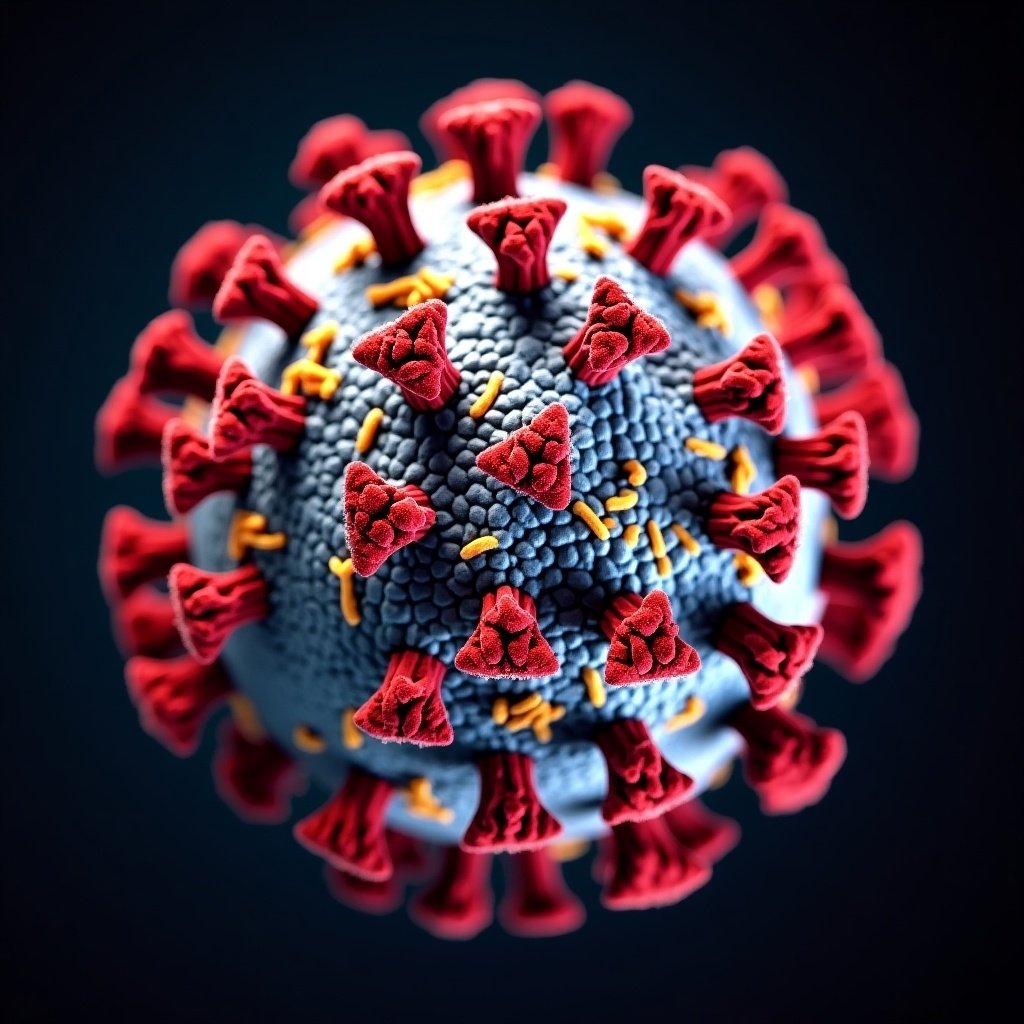 The image showcases a detailed close-up view of a virus, emphasizing its spherical shape with spikes. The virus is depicted in vibrant colors, particularly red for the spikes and gray for the body, set against a dark background. This contrast makes the virus stand out distinctly, demonstrating its intricate morphology. Such illustrations are crucial in educational contexts, particularly in understanding infections and immune responses related to viruses. The vivid details help in visualizing the complexity of viral structures.