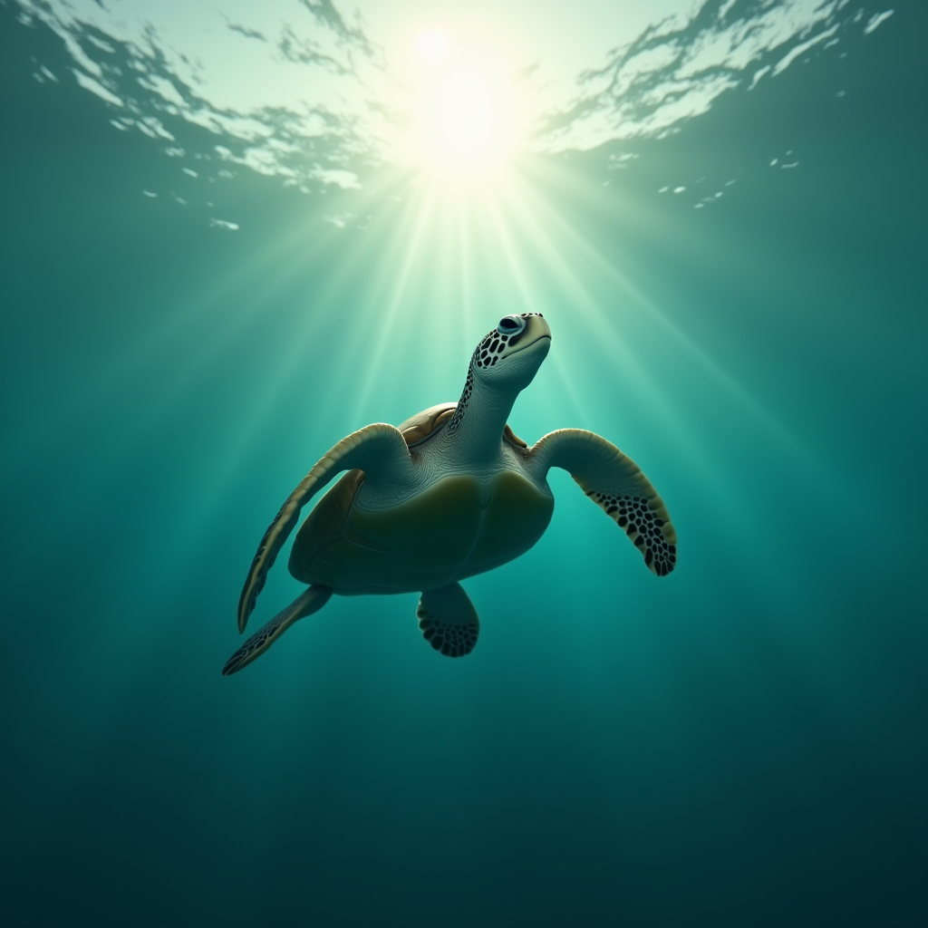 A sea turtle gracefully gliding through sunlit ocean waters.