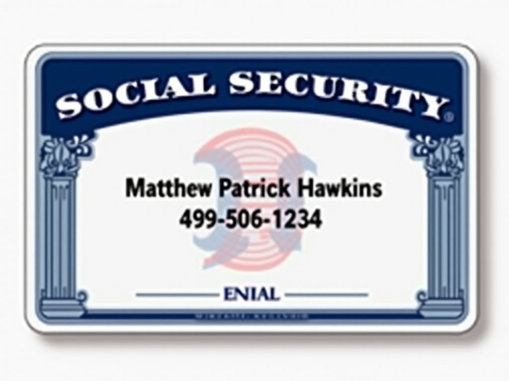 This image features a Social Security card, commonly used for identification purposes in the United States. It is presented in a high-resolution format that clearly displays the card's design and essential elements. The card includes the phrase 'Social Security' prominently at the top. It is styled with blue, white, and red colors characteristic of U.S. government documents. The card is aimed at those interested in understanding its format, usage, and design.