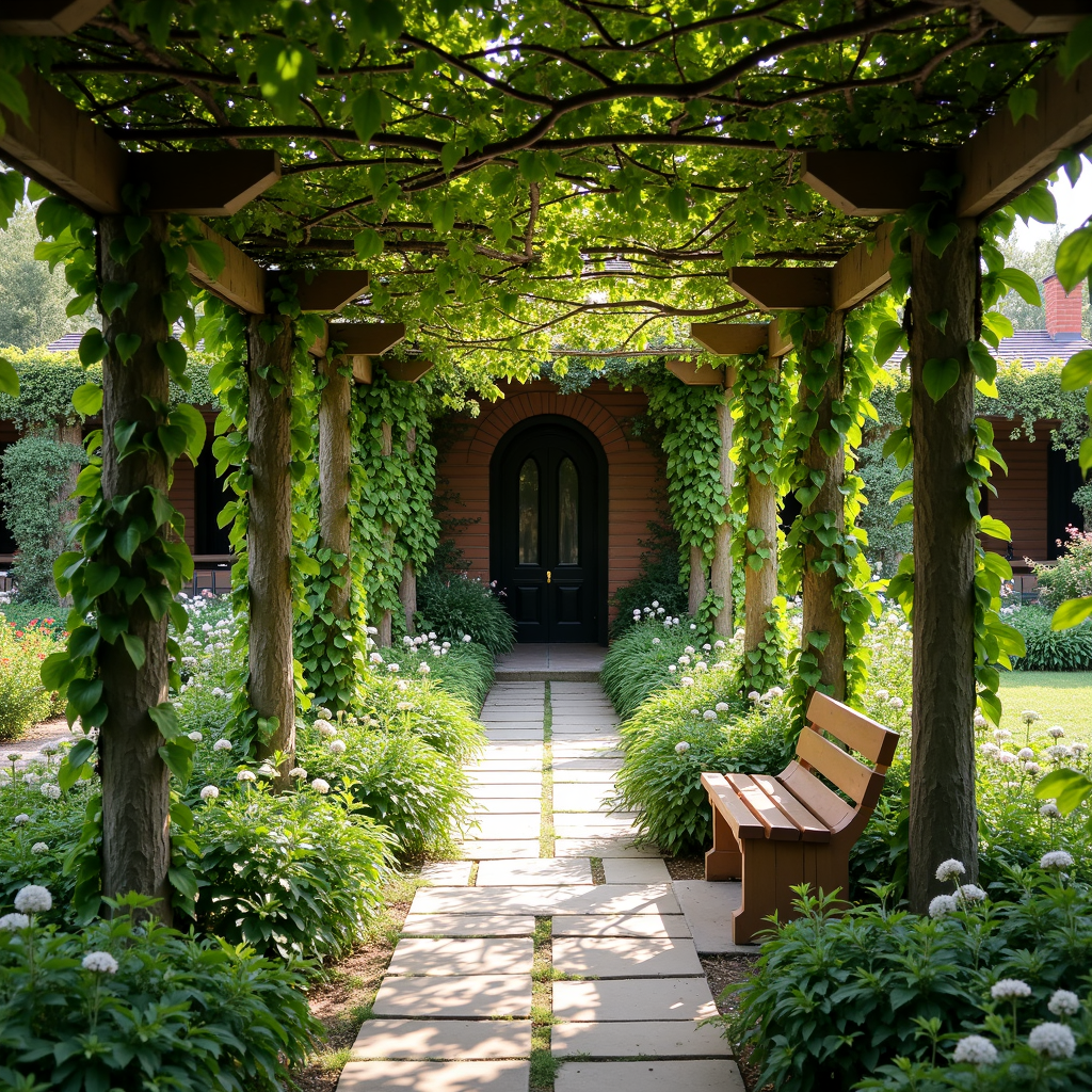 A stone pathway leads through a vine-covered pergola towards a dark wooden door, flanked by lush green foliage and white flowers.