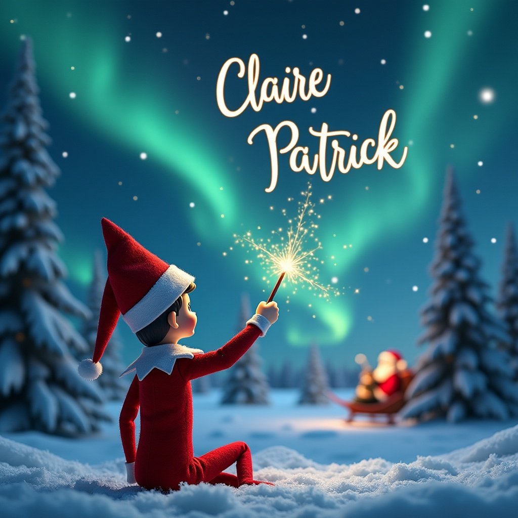 An enchanting Christmas scene featuring an elf on the shelf. The elf sits with its back to us, gazing upwards. It uses a wand to elegantly write the names 'Claire' and 'Patrick' in the night sky. The background is adorned with stunning northern lights and a distant image of Santa Claus. Snow blankets the ground, creating a serene winter wonderland. This magical moment captures the essence of holiday joy and wonder in the air.