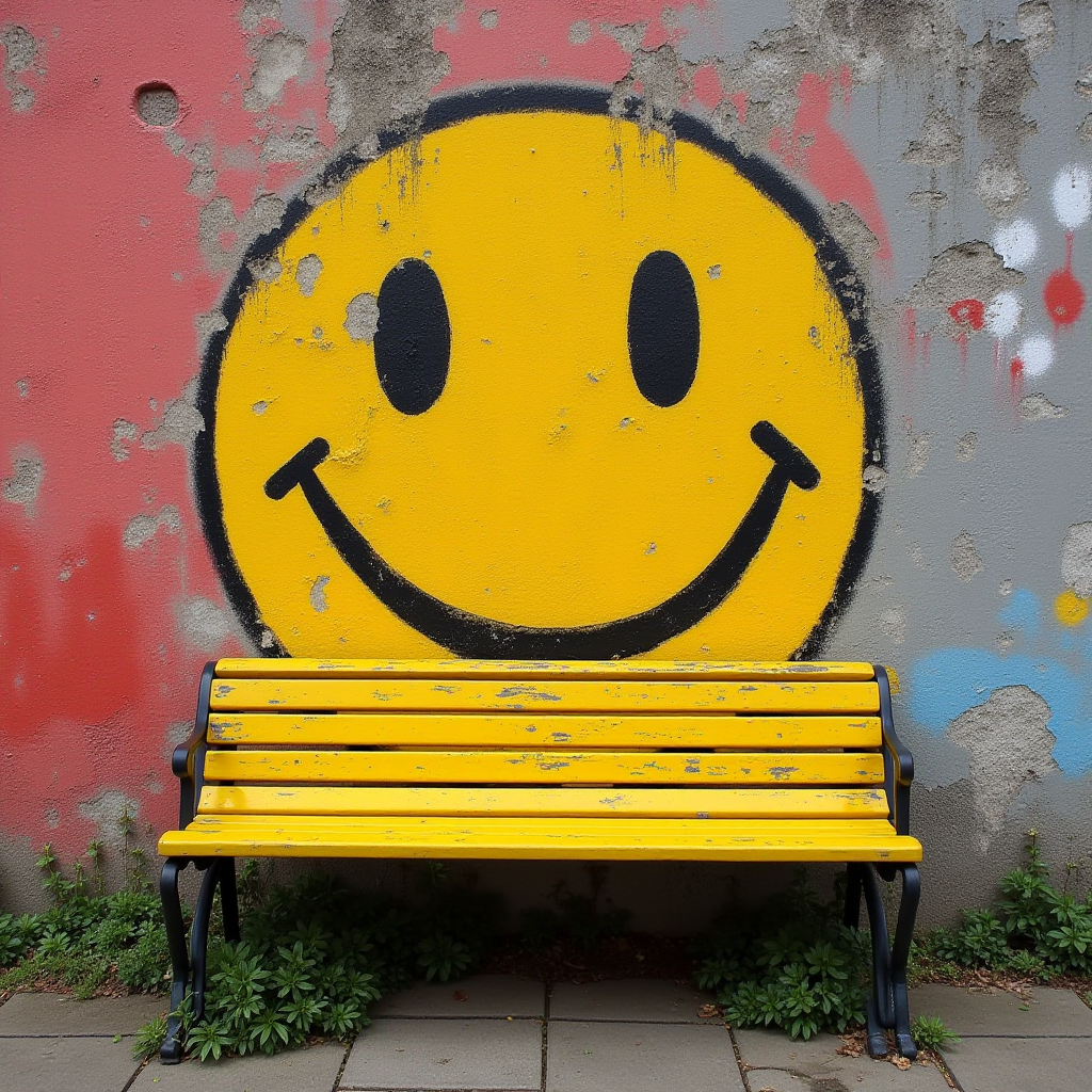 A yellow bench in front of a graffiti smiley face on a weathered wall.