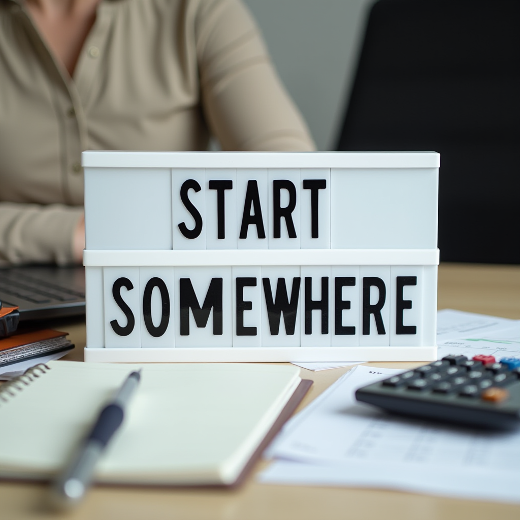 A desk setup with a motivational quote 'START SOMEWHERE' on a lightbox, surrounded by office essentials like a notebook, pen, and calculator.