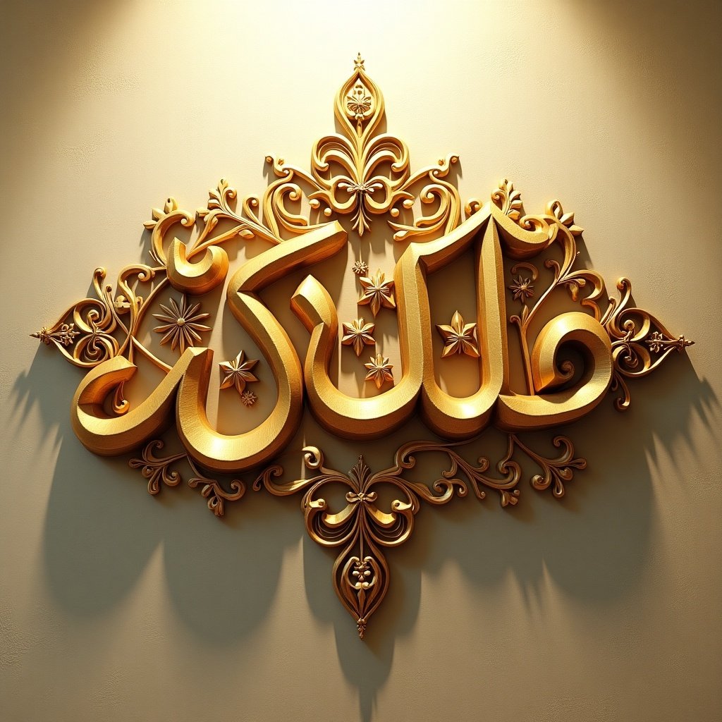 This image showcases ornate Arabic calligraphy featuring the word 'حياة', which translates to 'life' in English. The calligraphy is intricately designed, exhibiting a three-dimensional quality in warm golden tones. It is set against a textured background that enhances its decorative appeal. The letters are elegantly adorned with floral and star patterns, adding to the overall beauty. Soft lighting illuminates the piece, creating a tranquil and uplifting atmosphere. This artwork exemplifies the rich artistic heritage of Arabic script and serves well in various cultural contexts.