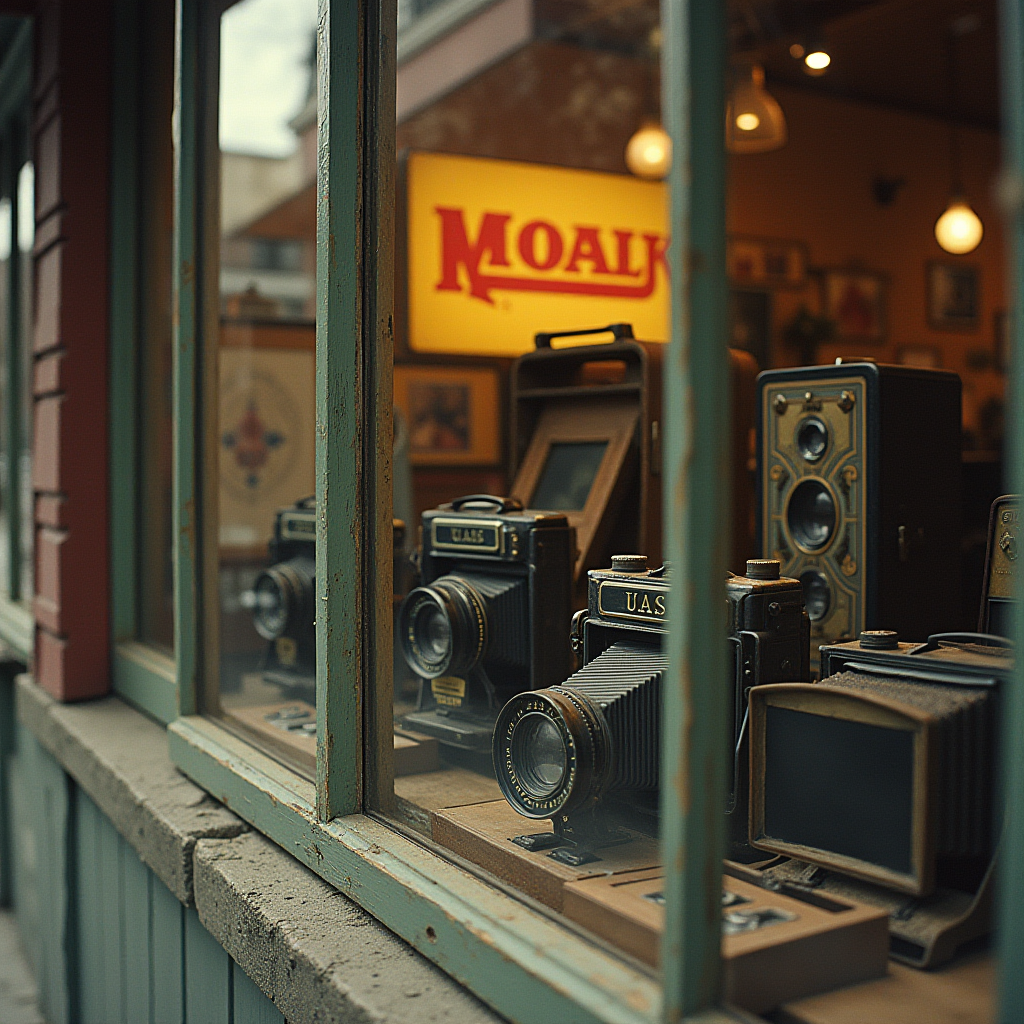 A store window displays vintage cameras, showcasing retro models and warm lighting inside.