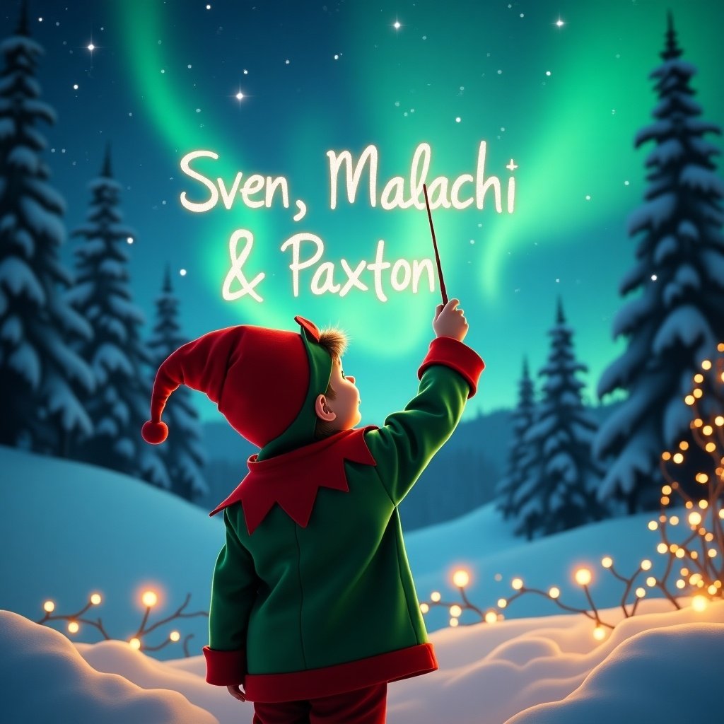 A scene shows a child dressed in an elf costume with their back to the viewer. The child is looking up at the sky while using a wand to write ‘Sven, Malachi, & Paxton’. This creates a magical atmosphere filled with wonder. The background features beautiful northern lights sparkling above a winter landscape dotted with snow-covered trees. Twinkling lights are present in the foreground, adding to the cozy ambiance. The overall mood is cheerful and festive, perfect for the holiday season.