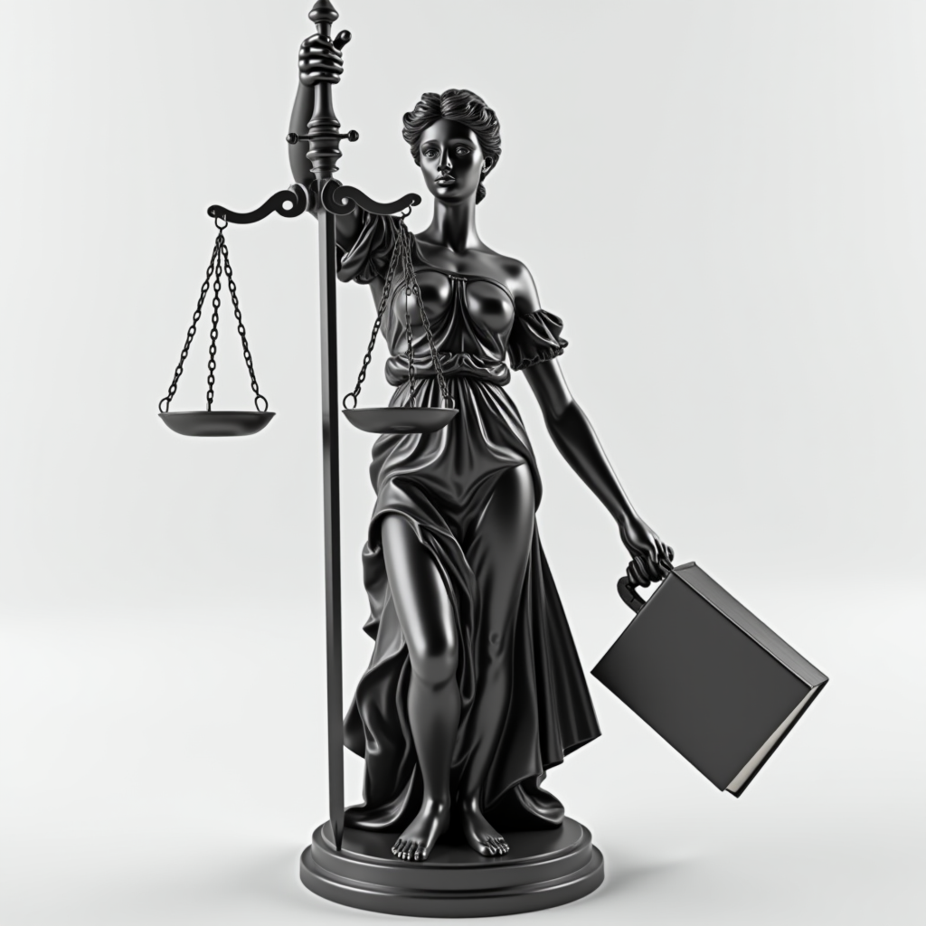 A black statue of Lady Justice holding scales and a briefcase, symbolizing traditional and modern law.