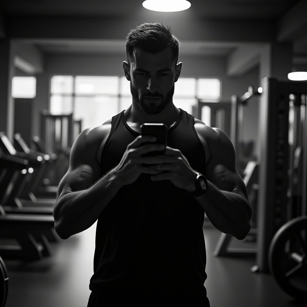 This image is a hyper-realistic black and white photograph of a man standing alone in a fitness center, engrossed in his smartphone. The composition uses a wide-angle view to create a sense of depth and isolation. The man's face is obscured, adding a layer of mystery to the scene. Dramatic lighting accentuates the deep shadows and contrasts, emphasizing his muscular physique and sweat. The gym's raw textures and matte finishes enhance the gritty, lifelike aesthetic without any excessive reflective surfaces.