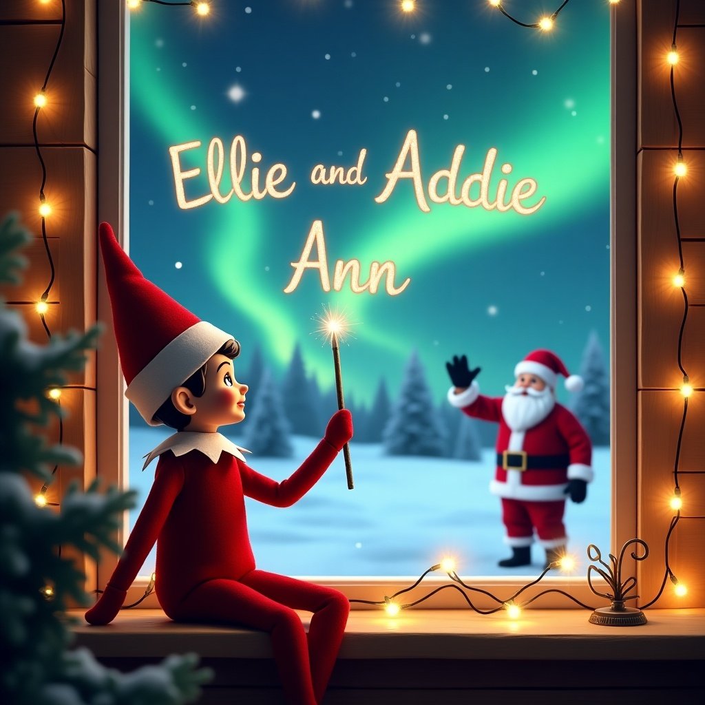 The image illustrates a cozy Christmas setting featuring an elf on the shelf, adorned in a classic red suit and hat. The elf is seated by a window, using a magical wand to write the names 'Ellie and Addie Ann' in the night sky. Outside the window, a serene winter landscape unfolds, showcasing a blanket of snow and striking northern lights illuminating the sky. In the background, Santa Claus can be seen cheerfully waving, adding to the festive ambiance. The scene is embellished with the warm glow of twinkling string lights, creating an enchanting holiday atmosphere.